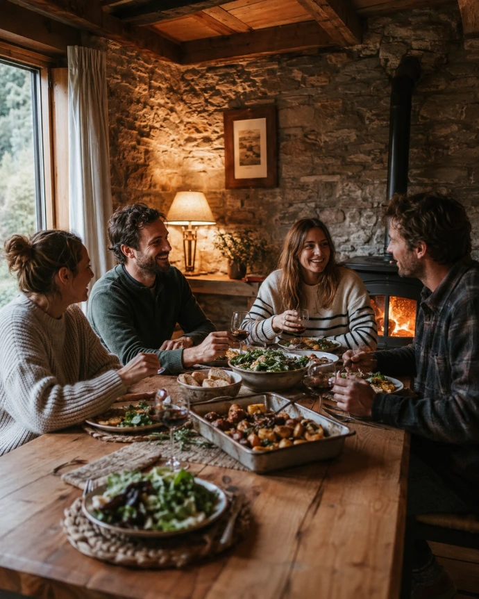 Moment convivial autour d’un repas dans un gîte à Spa