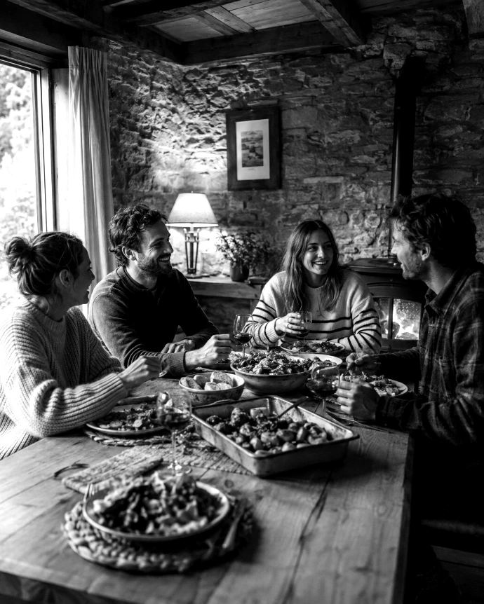 moment convivial autour  d un repas dans un gite