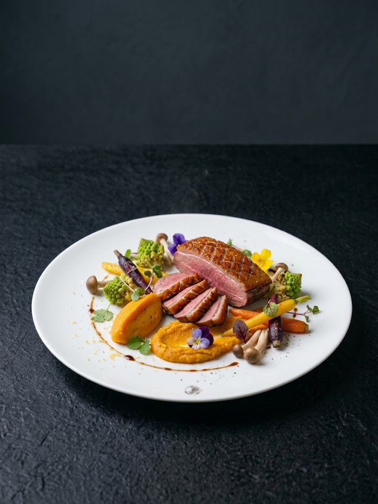 Magret de canette basse temperature purée de patates douces au gingembre, choux romanesco , carottes et champignons shimiji